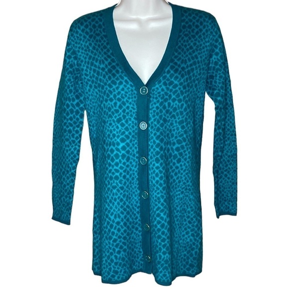 Isaac Mizrahi Live | Teal Animal Print Cardigan Sweater  Long XXS - Picture 1 of 4